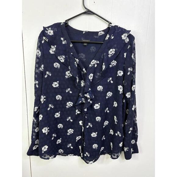 Ann Taylor Tops - Ann Taylor Top Womens Large Ruffle V Neck Button Up Sheer Sleeve Navy Floral